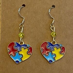 Hand Crafted Autism Awareness Puzzle Heart Beaded Dangle Earrings